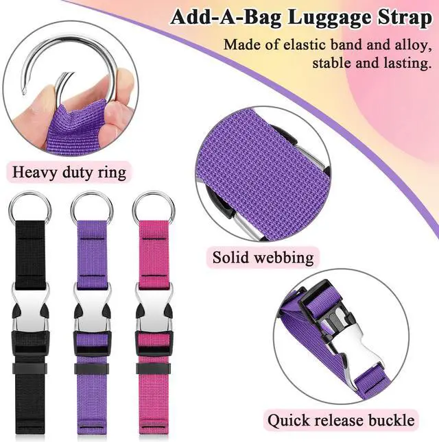 Alt view image 3 of 6 - 3 Pcs Add a Bag Luggage Straps Gripper Heavy Duty Jacket Valises Strap for Travel Belt with Buckle Adjustable Baggage(Purple, Black, Pink)