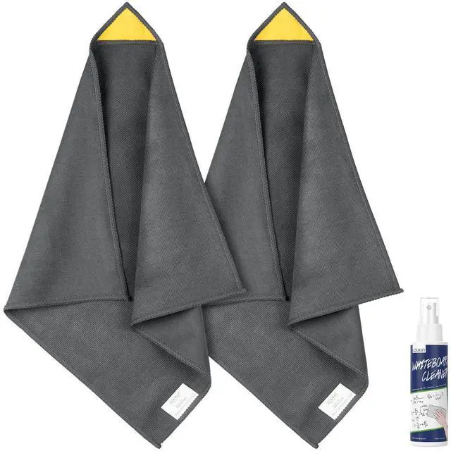 Main image of 2 Pack Magnetic Whiteboard Cleaning Cloth, Dry Erase Cleaning Cloth for Classroom, Home and Office Use, Reusable & Washable, Gray, 12" x 12", 1 Bottle of 3.4 fl oz Whiteboard Cleaner Included