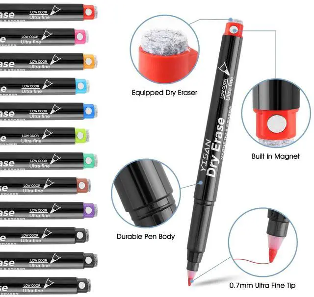 Alt view image 2 of 6 - Dry Erase Markers Ultra Fine Tip,0.7mm Extra Fine Point, Magnetic Whiteboard Markers with Eraser,Assorted Colors,Low Odor,12 Count,70566