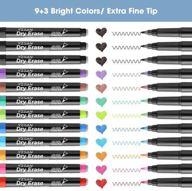 Alt view image 5 of 6 - Dry Erase Markers Ultra Fine Tip,0.7mm Extra Fine Point, Magnetic Whiteboard Markers with Eraser,Assorted Colors,Low Odor,12 Count,70566