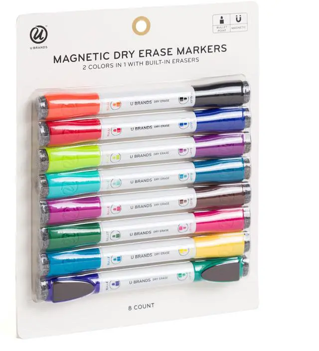 Main image of Fine Tip Dry Erase Markers with Eraser, Magnetic Double Ended Whiteboard Markers, Low Odor, Assorted Bright Colors, Set of 8