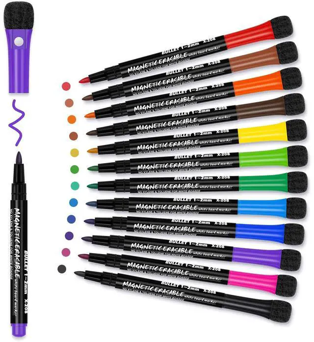 Main image of Magnetic Dry Erase Markers Fine: 12 Colors Erasable Whiteboard Markers Fine Point with Eraser Cap, Low Odor White Board Dry Erase Pens Fine Tip for Kids & Teachers, Home, Office and School Supplies