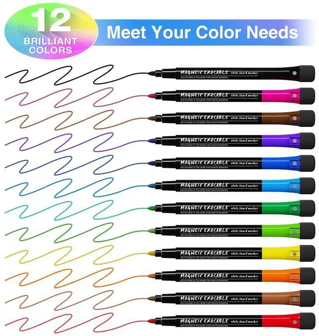 Alt view image 2 of 7 - Magnetic Dry Erase Markers Fine: 12 Colors Erasable Whiteboard Markers Fine Point with Eraser Cap, Low Odor White Board Dry Erase Pens Fine Tip for Kids & Teachers, Home, Office and School Supplies