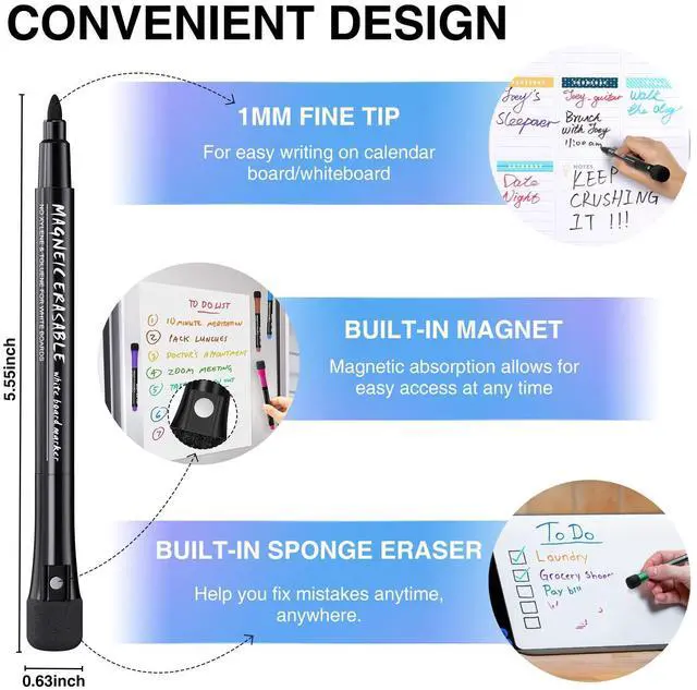 Alt view image 3 of 7 - Magnetic Dry Erase Markers Fine: 12 Colors Erasable Whiteboard Markers Fine Point with Eraser Cap, Low Odor White Board Dry Erase Pens Fine Tip for Kids & Teachers, Home, Office and School Supplies
