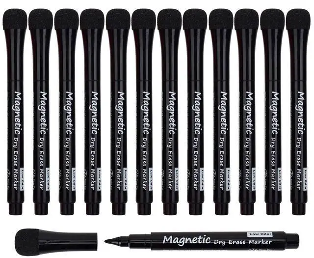 Main image of Magnetic Dry Erase Markers - Fine Tip, Black Color, 12 Pack, Low Odor Whiteboard Markers for Kids & School, Work On White board & Calendar, Refrigerator