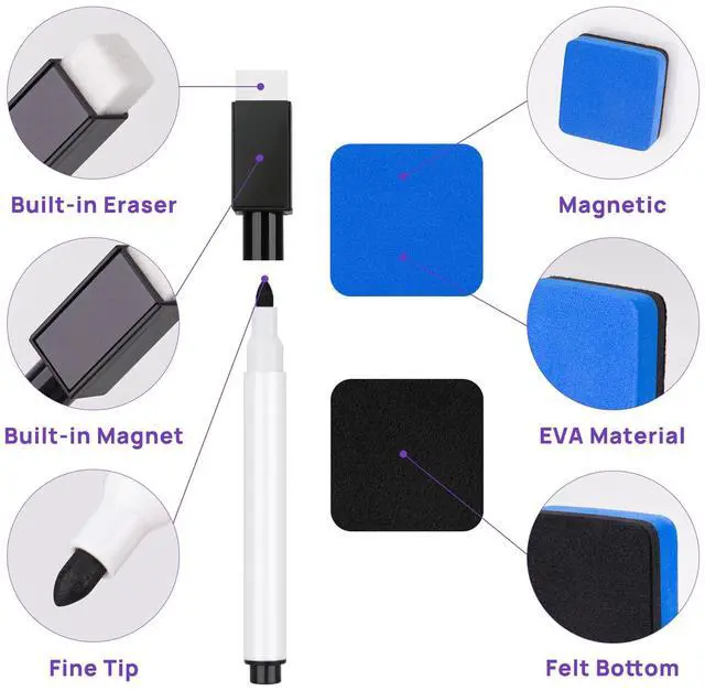 Alt view image 3 of 5 - 8 Pcs Colorful Magnetic Dry Erase Markers with Eraser, White Board Mini Dry Erase Markers with Eraser Cap, Fine Point Tip Student White Board Markers for Teachers Office School Supplies