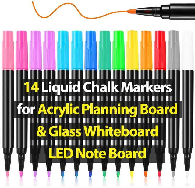 Main image of Liquid Chalk Markers for LED Drawing Note Board Acrylic Calendar Planning Board Clear Glass Dry Erase Whiteboard Window Mirror Christmas Holidays Painting, 14 Pack, 12 Vibrant Colors, 1mm Fine Points