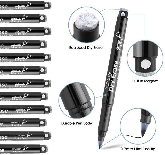 Alt view image 2 of 6 - Black Dry Erase Markers Ultra Fine Tip,0.7mm Extra Fine Point, Whiteboard Markers with Eraser,Low Odor,70573