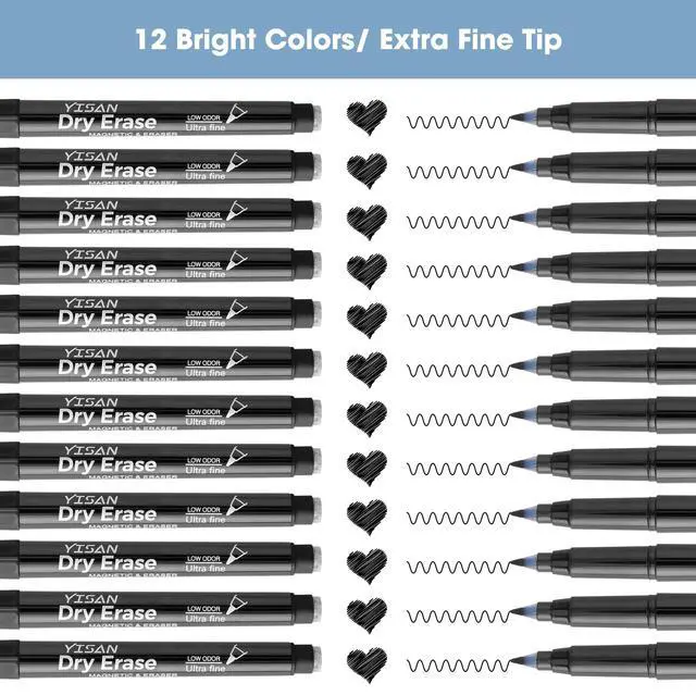Alt view image 6 of 6 - Black Dry Erase Markers Ultra Fine Tip,0.7mm Extra Fine Point, Whiteboard Markers with Eraser,Low Odor,70573