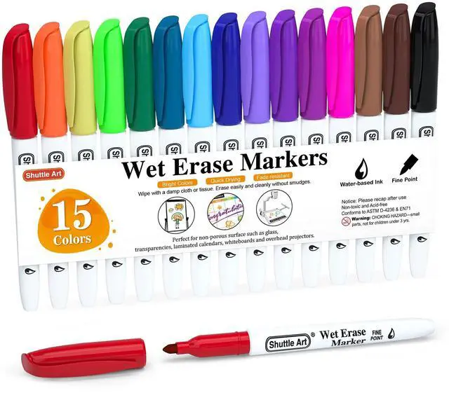 Main image of Wet Erase Markers, 15 Colors 1mm Fine Tip Smudge-Free Markers, Use on Laminated Calendars,Overhead Projectors,Schedules,Whiteboards,Transparencies,Glass,Wipe with Water