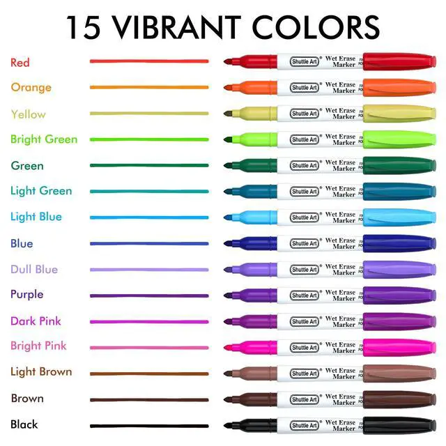 Alt view image 3 of 7 - Wet Erase Markers, 15 Colors 1mm Fine Tip Smudge-Free Markers, Use on Laminated Calendars,Overhead Projectors,Schedules,Whiteboards,Transparencies,Glass,Wipe with Water
