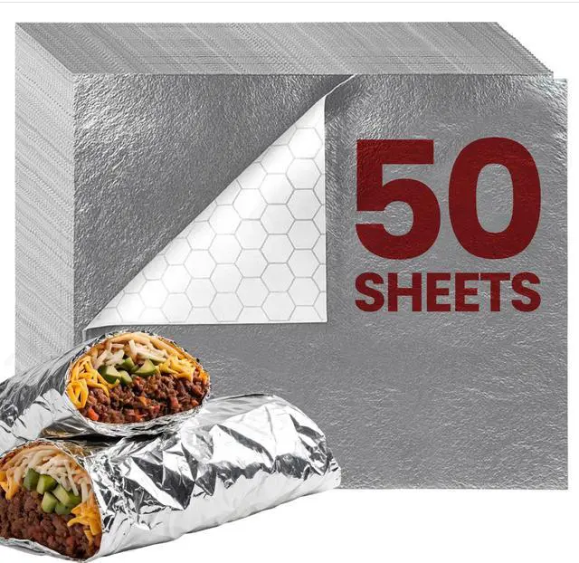 Main image of 50 Packs Heavy Duty Insulated Aluminum Foil Sheets 14" x 10.3" Disposable Food Wraps for Sandwiches, Burritos, BBQ, Burgers, Hot & Cold Food