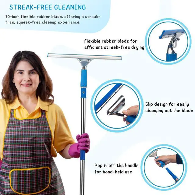 Alt view image 2 of 7 - Window Squeegee with Scrubber for Home and Outdoor Glasses Cleaning, 6 Ft Long Handle 2 in 1 Professional Window Washing Kit with Replacement Rubber Blade, Car Windshield Cleaner Tool