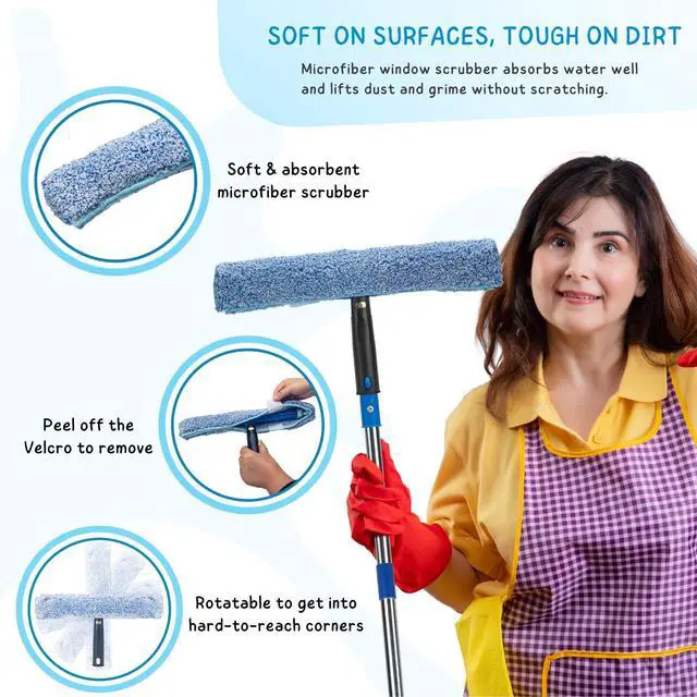 Alt view image 4 of 7 - Window Squeegee with Scrubber for Home and Outdoor Glasses Cleaning, 6 Ft Long Handle 2 in 1 Professional Window Washing Kit with Replacement Rubber Blade, Car Windshield Cleaner Tool
