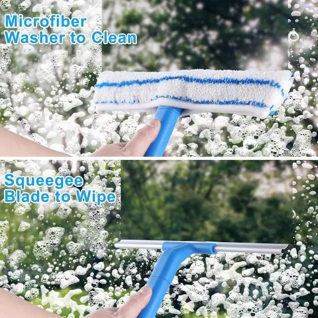 Alt view image 2 of 6 - Window Cleaner with Long Handle(57IN), Glass Cleaning Tools with Silicone Squeegee & Microfiber Scrubber, Window Cleaning Kit for Shower Glass Mirror Door Car
