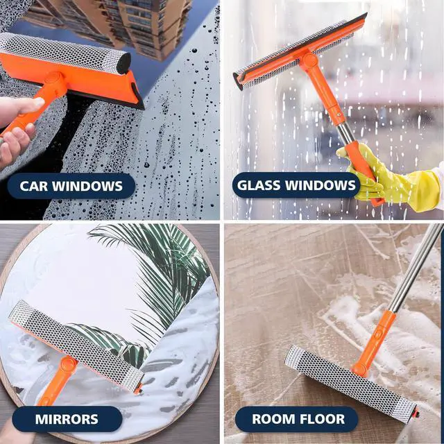 Alt view image 6 of 6 - Professional Window Squeegee,2 in 1 Squeegee Window Cleaner with Long Stainless Steel Handle,Sponge Car Window Squeegee for Gas Station, Glass,Shower (Sponge Style)