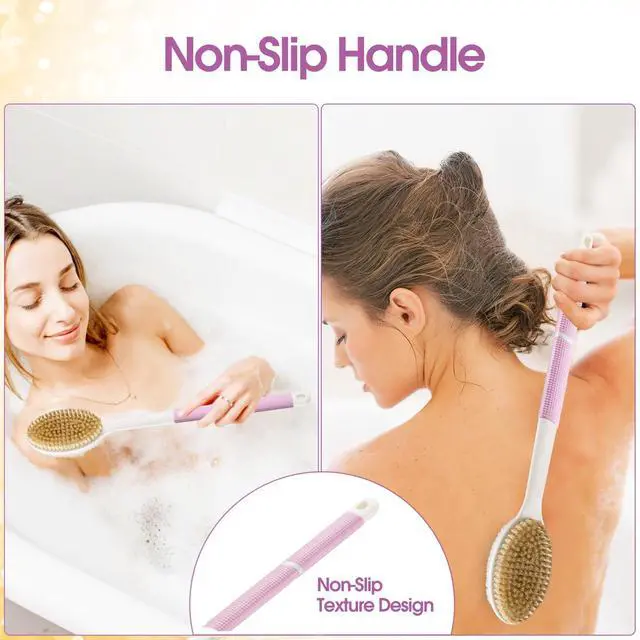 Alt view image 2 of 7 - Body Scrubber Anti Slip for Shower,Shower Brush Long Handle with Stiff and Soft Bristles,Body Wash Exfoliating Back Scrubber for Bath or Dry Brushing Body Brush(Pink)