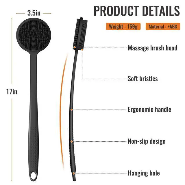 Alt view image 2 of 6 - Silicone Back Scrubber for Shower, 17in Lengthen Long Handle Body Brush, Double Sided Shower Brush for Shower Exfoliating and Massage Can Produce Rich Foam, Long Handle Back Scrubber for Men