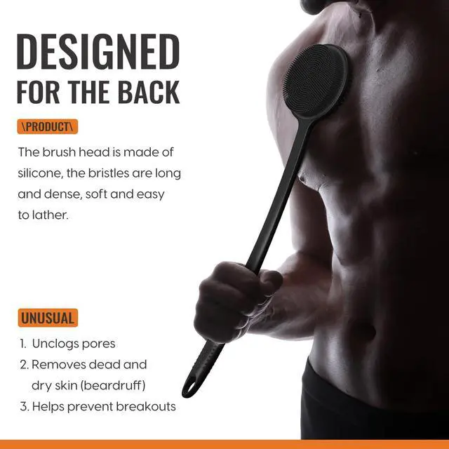 Alt view image 3 of 6 - Silicone Back Scrubber for Shower, 17in Lengthen Long Handle Body Brush, Double Sided Shower Brush for Shower Exfoliating and Massage Can Produce Rich Foam, Long Handle Back Scrubber for Men