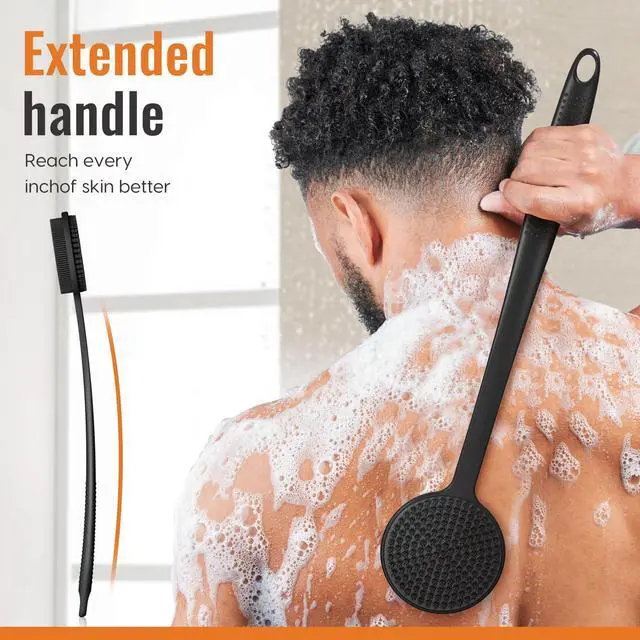 Alt view image 5 of 6 - Silicone Back Scrubber for Shower, 17in Lengthen Long Handle Body Brush, Double Sided Shower Brush for Shower Exfoliating and Massage Can Produce Rich Foam, Long Handle Back Scrubber for Men