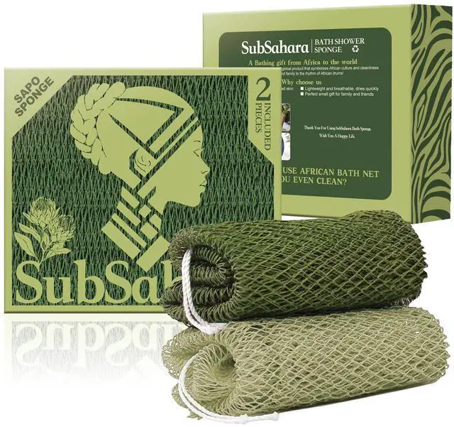 Main image of Authentic African Net Sponge - 2 Pack Exfoliating Bath & Shower Loofah Sponge for Body & Face, Gentle Scrubber for All Skin Types, Travel, Durable Polyester (Olive Green & Light Green)