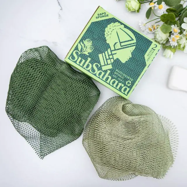 Alt view image 4 of 7 - Authentic African Net Sponge - 2 Pack Exfoliating Bath & Shower Loofah Sponge for Body & Face, Gentle Scrubber for All Skin Types, Travel, Durable Polyester (Olive Green & Light Green)