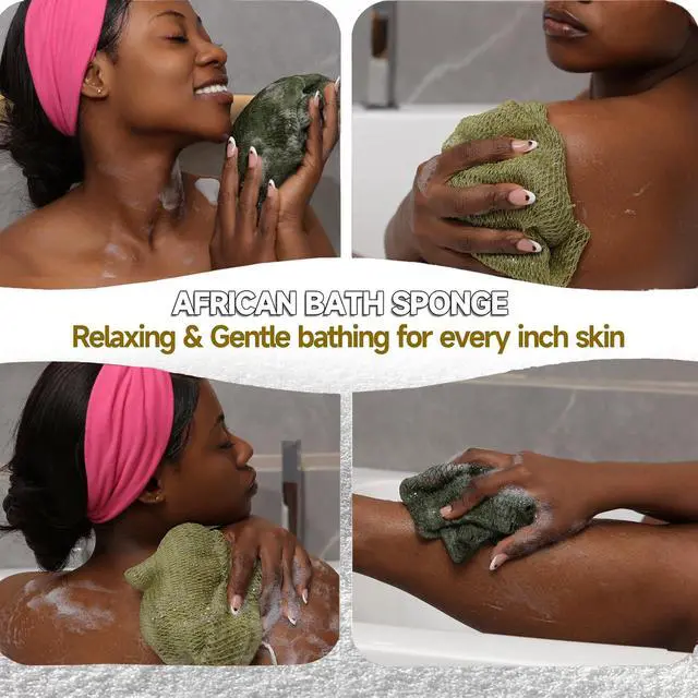 Alt view image 3 of 7 - Authentic African Net Sponge - 2 Pack Exfoliating Bath & Shower Loofah Sponge for Body & Face, Gentle Scrubber for All Skin Types, Travel, Durable Polyester (Olive Green & Light Green)