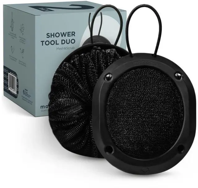 Main image of Shower Tool Duo 2-1 Shower Loofah Sponge and Exfoliating Body Scrubber (2 Pack, Black)