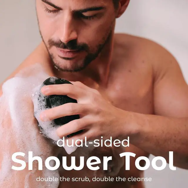Alt view image 2 of 7 - Shower Tool Duo 2-1 Shower Loofah Sponge and Exfoliating Body Scrubber (2 Pack, Black)