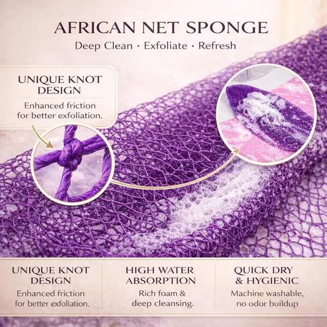 Alt view image 2 of 7 - African Net Sponge Authentic, 3 Pieces African Exfoliating Net Sponge Body Back Scrubber Exfoliating Washcloth for Shower Bath for All Types Skin (Purple+Pink+Olive Green, 3 Pcs)