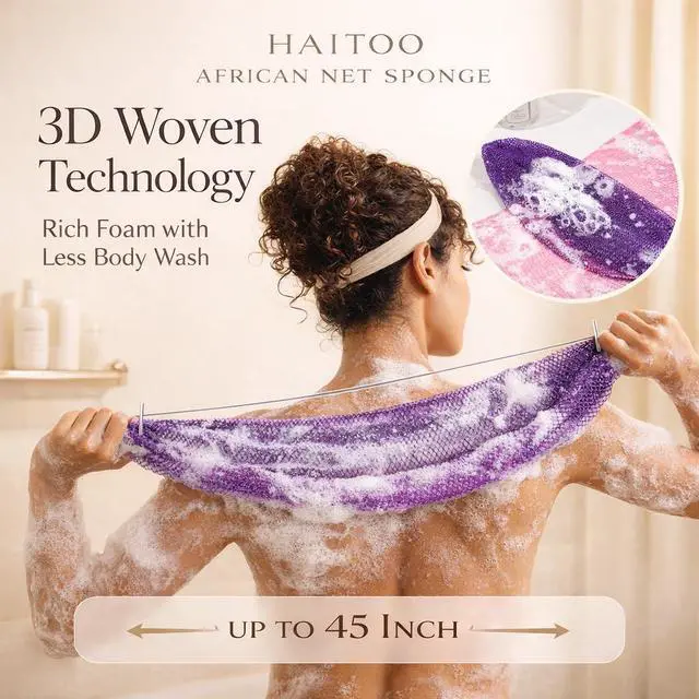 Alt view image 3 of 7 - African Net Sponge Authentic, 3 Pieces African Exfoliating Net Sponge Body Back Scrubber Exfoliating Washcloth for Shower Bath for All Types Skin (Purple+Pink+Olive Green, 3 Pcs)