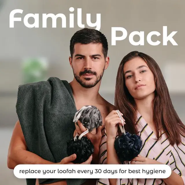 Alt view image 7 of 7 - Bath Shower Loofah Sponge Pouf Body Scrubber Exfoliator Body Wash Sponge (Set of 3, Black Ice)