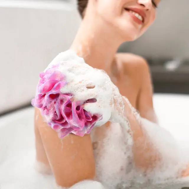 Alt view image 5 of 7 - 75g/Pc Large Loofahs Shower Sponge, Exfoliating Body Scrubber Shower Scrunchies Mesh Pouf Bath Sponges - Pack of 6