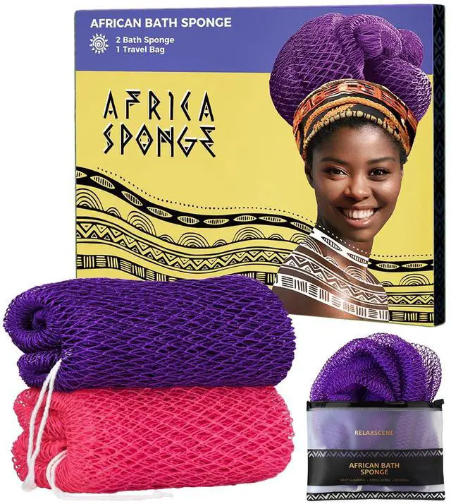 Main image of African Net Sponge Authentic - 2 Pieces Exfoliating Body Scrubber Bath Sponge - Loofah Washcloth Back Scrub for Shower Body Exfoliator - Face & Skin Care Bathroom Essentials for Women