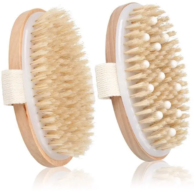 Main image of 2 Pack Dry Brushing Body Brush, Natural Bristle Exfoliating Brush with Massage Nodes, for Lymphatic Drainage and Improving Skin Health and Reduces Acne