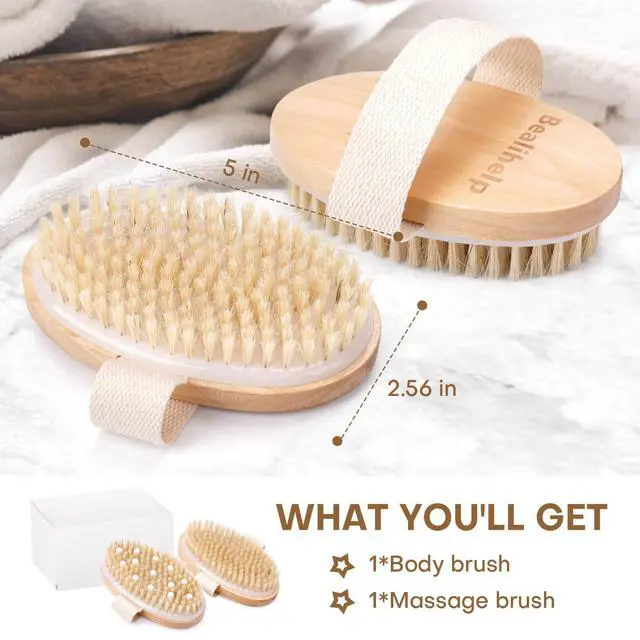 Alt view image 2 of 7 - 2 Pack Dry Brushing Body Brush, Natural Bristle Exfoliating Brush with Massage Nodes, for Lymphatic Drainage and Improving Skin Health and Reduces Acne
