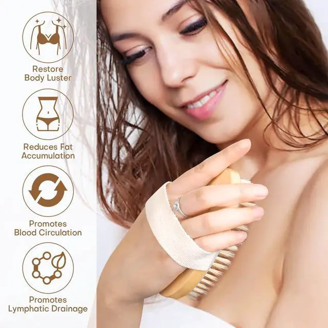 Alt view image 4 of 7 - 2 Pack Dry Brushing Body Brush, Natural Bristle Exfoliating Brush with Massage Nodes, for Lymphatic Drainage and Improving Skin Health and Reduces Acne