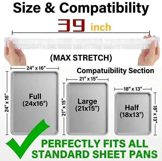 Alt view image 2 of 7 - 50Pcs Sheet Pan Covers for 24x16, 21x15, 18x13 inch - Extra Large Elastic Food Covers Stretches to 39", 12 Microns Thick Oversized Bowl Covers for Foil Pans & Dough Proofing- BV Certified BPA-Free