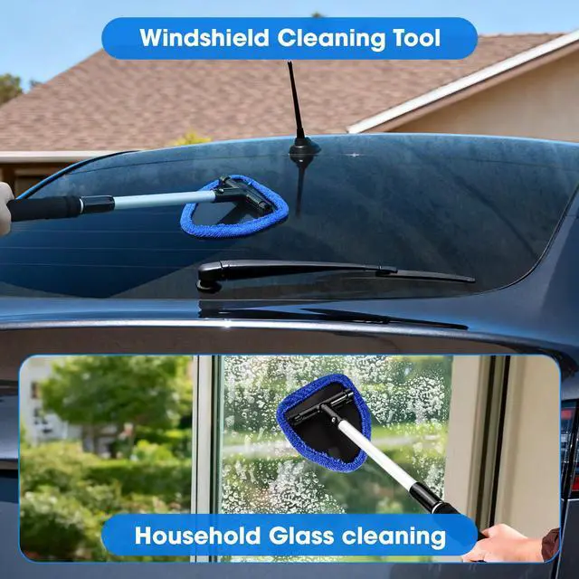 Alt view image 2 of 7 - Windshield Cleaner Tool, Car Interior Cleaning Kit with Extendable Handle and 3 Reusable Microfiber Pads, Auto Glass Wiper and Detailing Brush Kit for Car & Home Window, Blue
