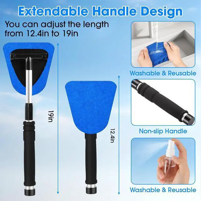 Alt view image 3 of 7 - Windshield Cleaner Tool, Car Interior Cleaning Kit with Extendable Handle and 3 Reusable Microfiber Pads, Auto Glass Wiper and Detailing Brush Kit for Car & Home Window, Blue