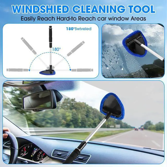 Alt view image 5 of 7 - Windshield Cleaner Tool, Car Interior Cleaning Kit with Extendable Handle and 3 Reusable Microfiber Pads, Auto Glass Wiper and Detailing Brush Kit for Car & Home Window, Blue