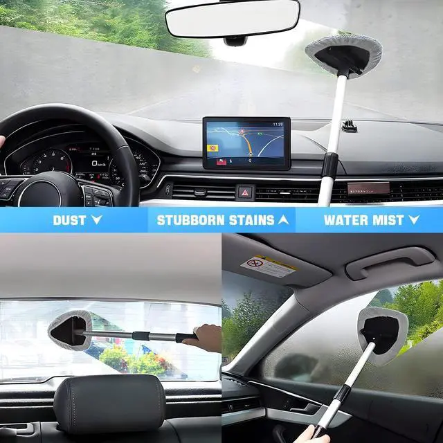 Alt view image 5 of 6 - Windshield Cleaning Tool, Car Window Cleaner with Extendable Long Handle and 4 Washable Reusable Microfiber Pads, Auto Interior Exterior Glass Wiper Cleaning Kit Universal for Office and Home (Gray)