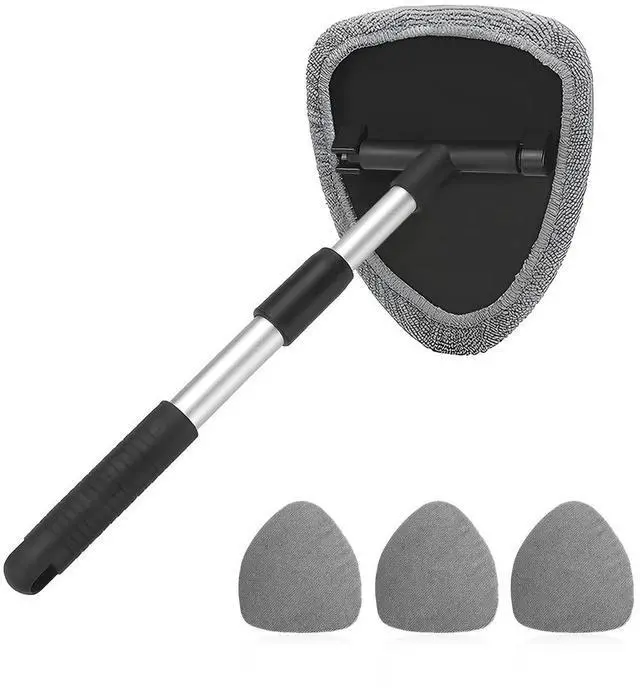 Main image of Windshield Cleaning Tool, Car Window Cleaner with Extendable Long Handle and 4 Washable Reusable Microfiber Pads, Auto Interior Exterior Glass Wiper Cleaning Kit Universal for Office and Home (Gray)