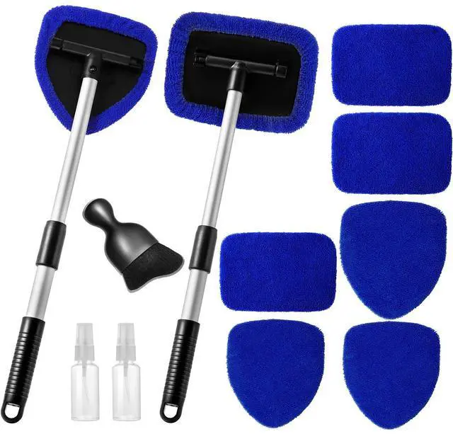 Main image of 11pcs Windshield Cleaner Tool, Car Window Cleaning Wash Kit with 6 Reusable Microfiber Pads 2 Spray Bottles and Extendable Handles Auto Glass Wiper Kit, Blue