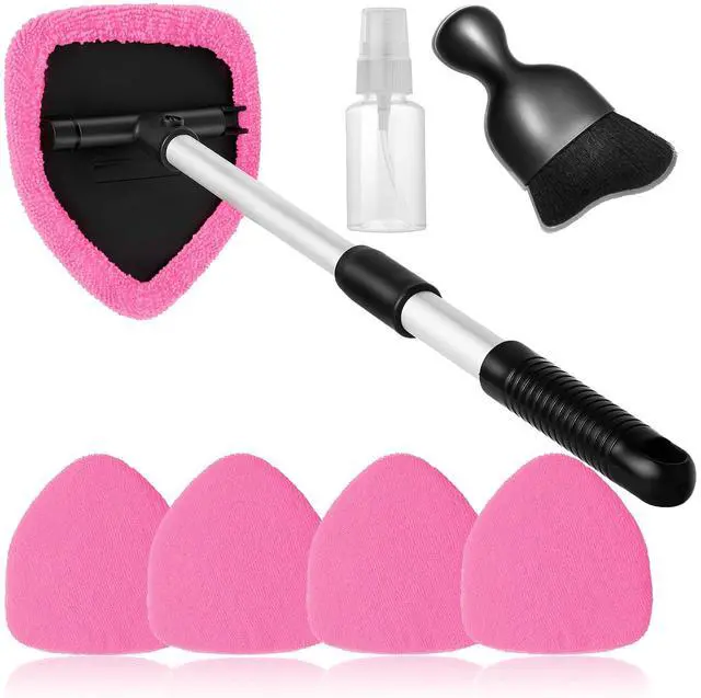 Main image of 7pcs Windshield Cleaner Tool Car Window Cleaning Wash Kit with 4 Reusable Microfiber Pads 1 Spray Bottle and Extendable Handle Auto Glass Wiper Kit, Pink