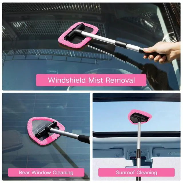 Alt view image 2 of 6 - 7pcs Windshield Cleaner Tool Car Window Cleaning Wash Kit with 4 Reusable Microfiber Pads 1 Spray Bottle and Extendable Handle Auto Glass Wiper Kit, Pink