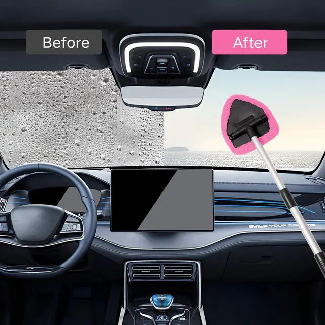 Alt view image 3 of 6 - 7pcs Windshield Cleaner Tool Car Window Cleaning Wash Kit with 4 Reusable Microfiber Pads 1 Spray Bottle and Extendable Handle Auto Glass Wiper Kit, Pink