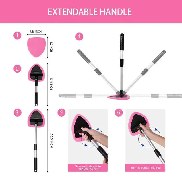 Alt view image 4 of 6 - 7pcs Windshield Cleaner Tool Car Window Cleaning Wash Kit with 4 Reusable Microfiber Pads 1 Spray Bottle and Extendable Handle Auto Glass Wiper Kit, Pink