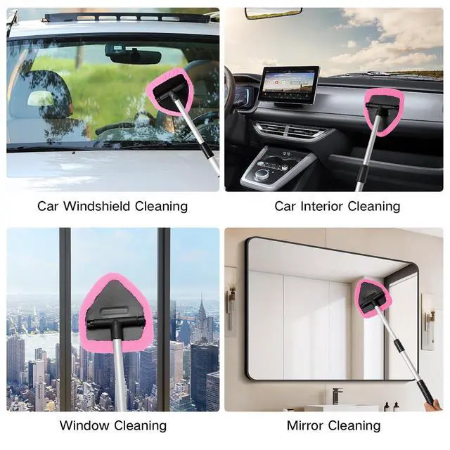 Alt view image 5 of 6 - 7pcs Windshield Cleaner Tool Car Window Cleaning Wash Kit with 4 Reusable Microfiber Pads 1 Spray Bottle and Extendable Handle Auto Glass Wiper Kit, Pink