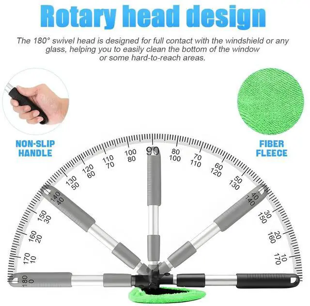 Alt view image 3 of 6 - Windshield Cleaning Tool, Car Window Cleaner with Extendable Long Handle and 4 Washable Reusable Microfiber Pads, Auto Interior Exterior Glass Wiper Cleaning Kit Universal for Office and Home (Green)